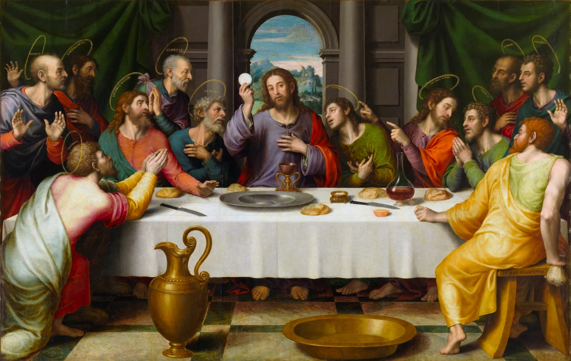 Juan de Juanes (1507-1579), La Cène (1562, huile sur bois, 116 x 191 cm), musée du Prado, Madrid (Espagne). © Domaine public.