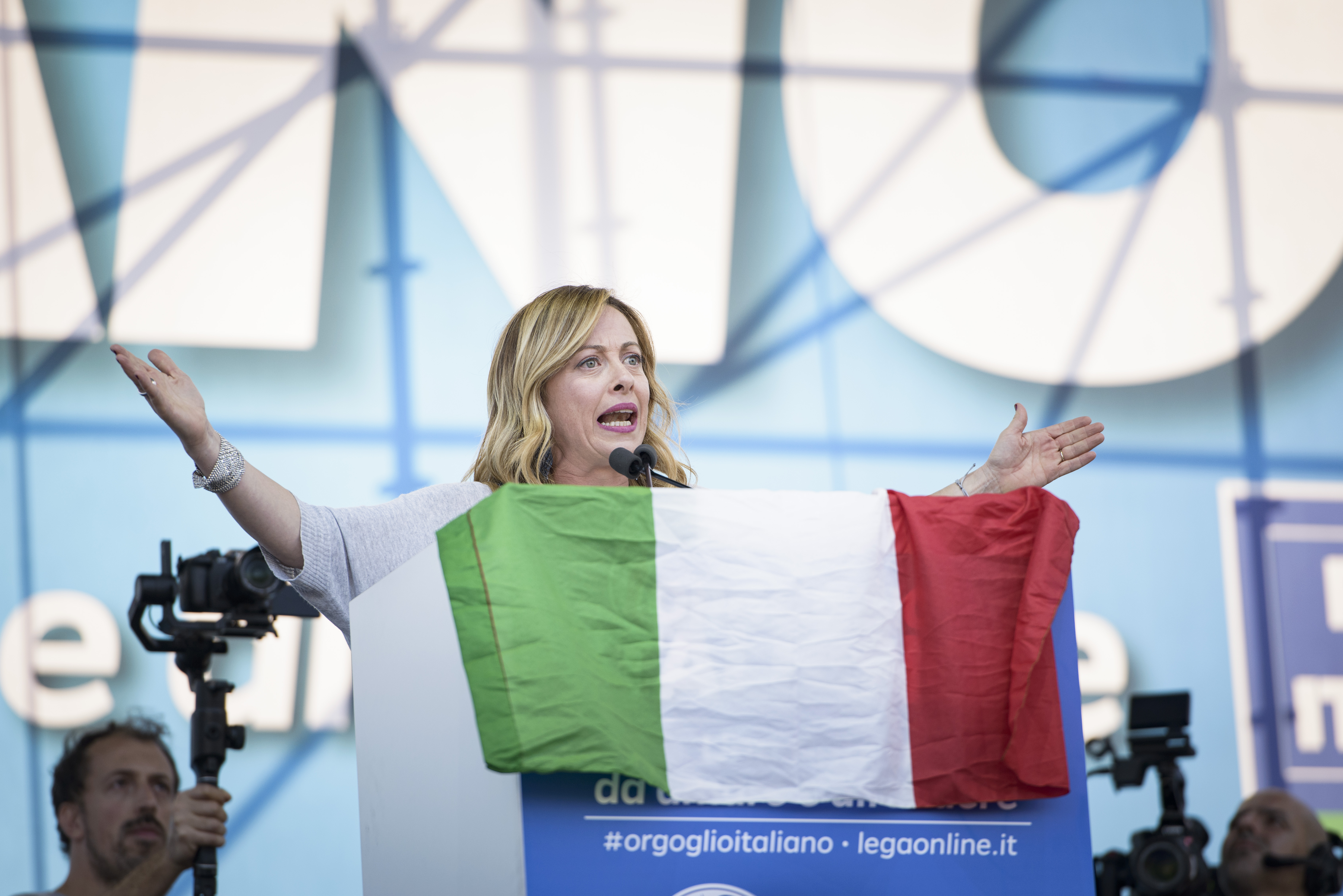 Giorgia Meloni, leader du parti Freres d Italie (Fratelli d Italia) intervient a un meeting politique a Rome. Rome, 19 Novembre 2019. Photographie de Jacopo Landi / Hans Lucas.