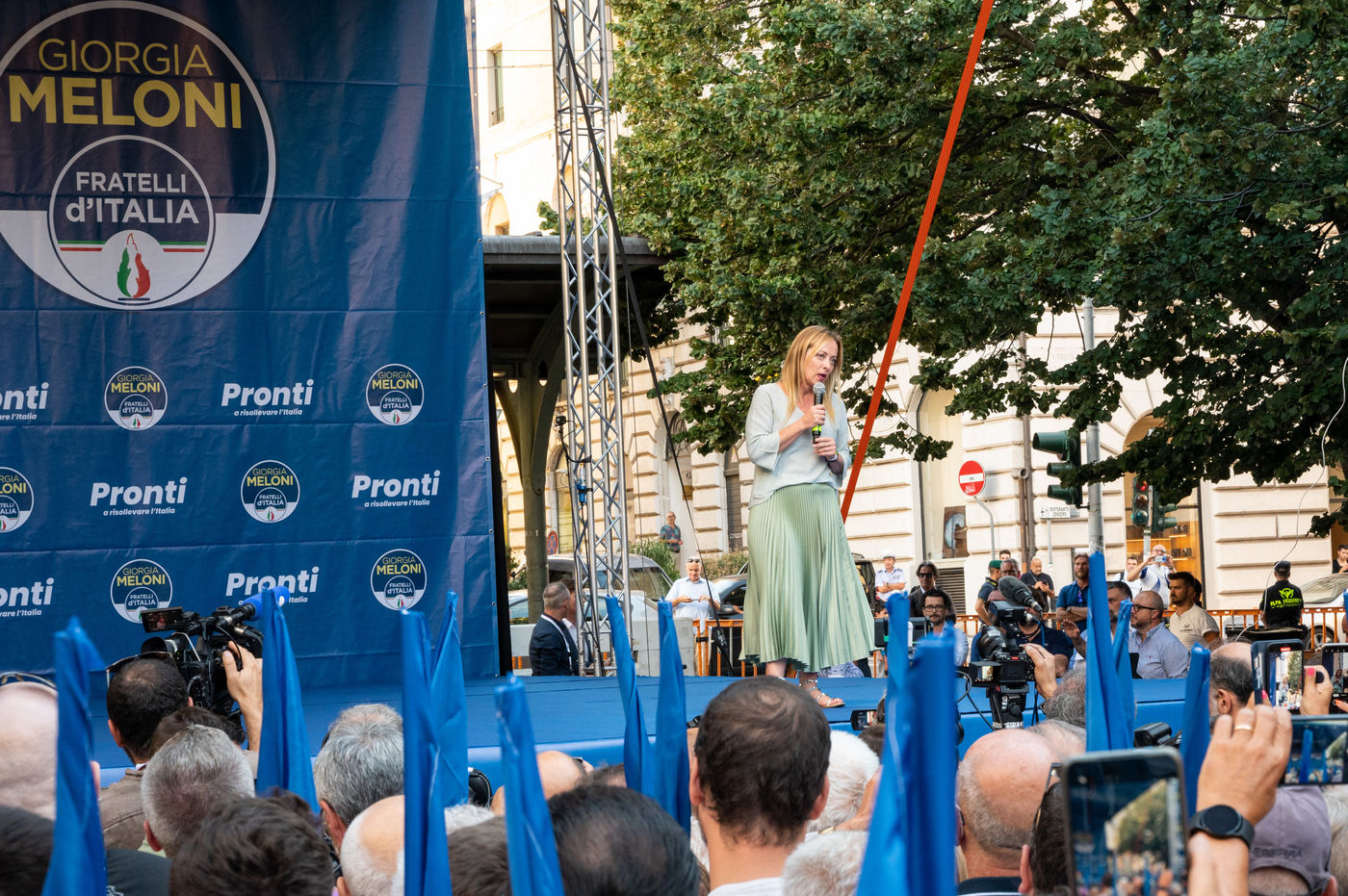 Giorgia Meloni, leader du parti Frères d'Italie, en campagne électorale, le 23/08/2022 à Ancône, Italie ©Riccardo Milani / Hans Lucas