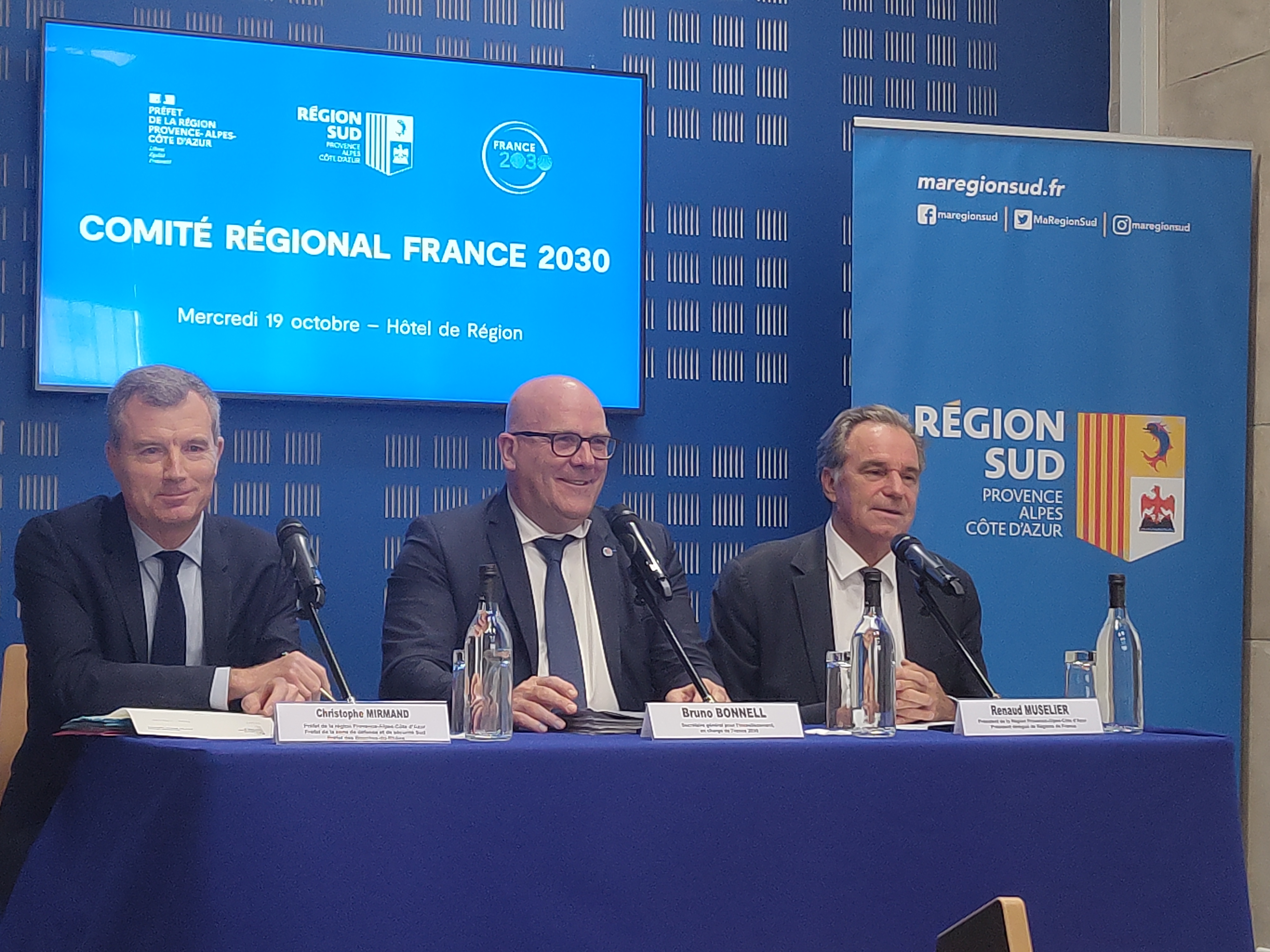 Christophe Mirmand, préfet de région, Bruno Bonnell secrétaire général du plan France 2030 et Renaud Muselier président de la région PACA.