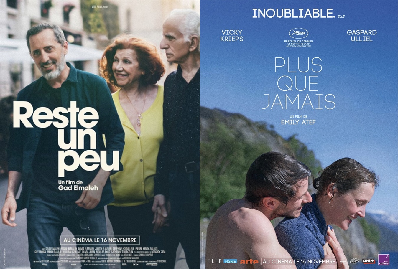 Affiche de "Reste un peu" de Gad Elmaleh et de “Plus que jamais” d'Emily Atef