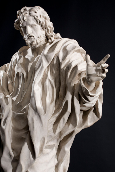 Guillaume Evrard, Saint Marc, détail, tilleul peint, 230 x 132 cm, Saint-Hubert, basilique Saint-Hubert. © IRPA-KIK, Bruxelles.
