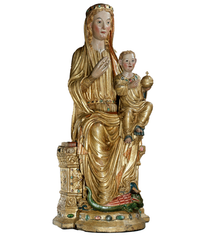Sedes Sapientiae, chêne polychromé et doré, 136 x 56 cm, Liège, église Saint-Jean-l’Évangéliste. © IRPA-KIK, Bruxelles.