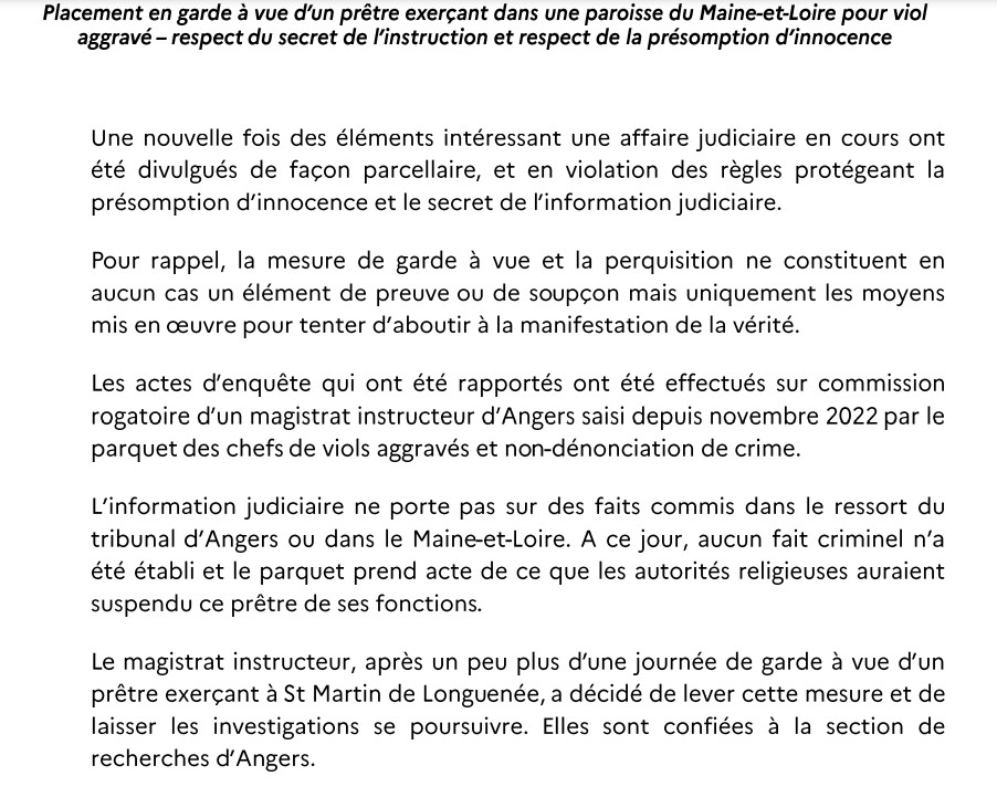Communiqué d'Eric Bouillard, procureur de la république d'Angers
