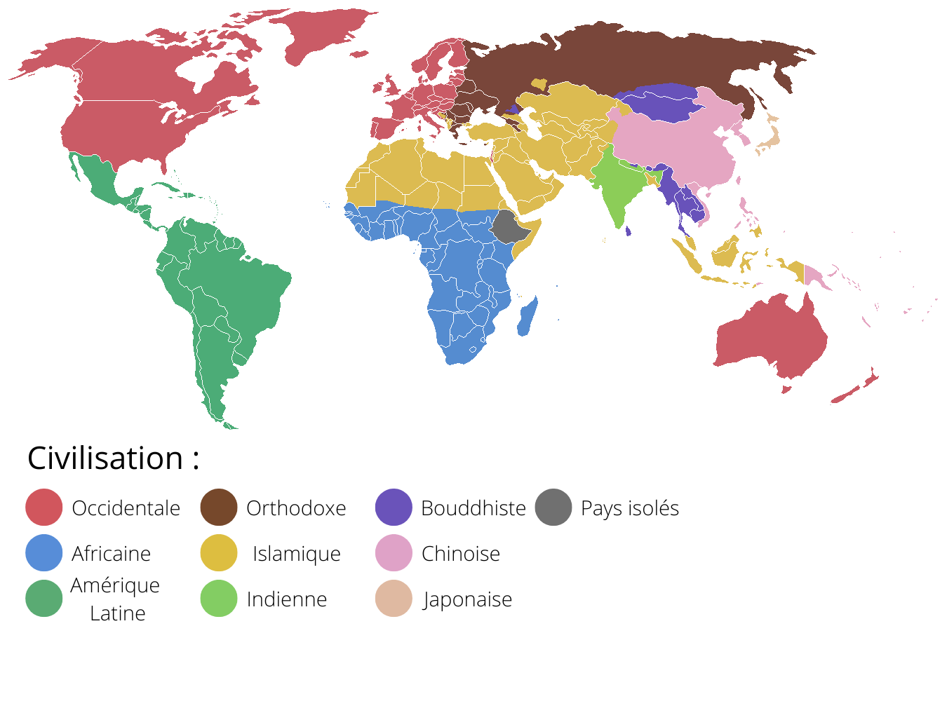 Carte de la répartitions des civilisations selon la théorie de le Choc des civilisations de Samuel Huntington