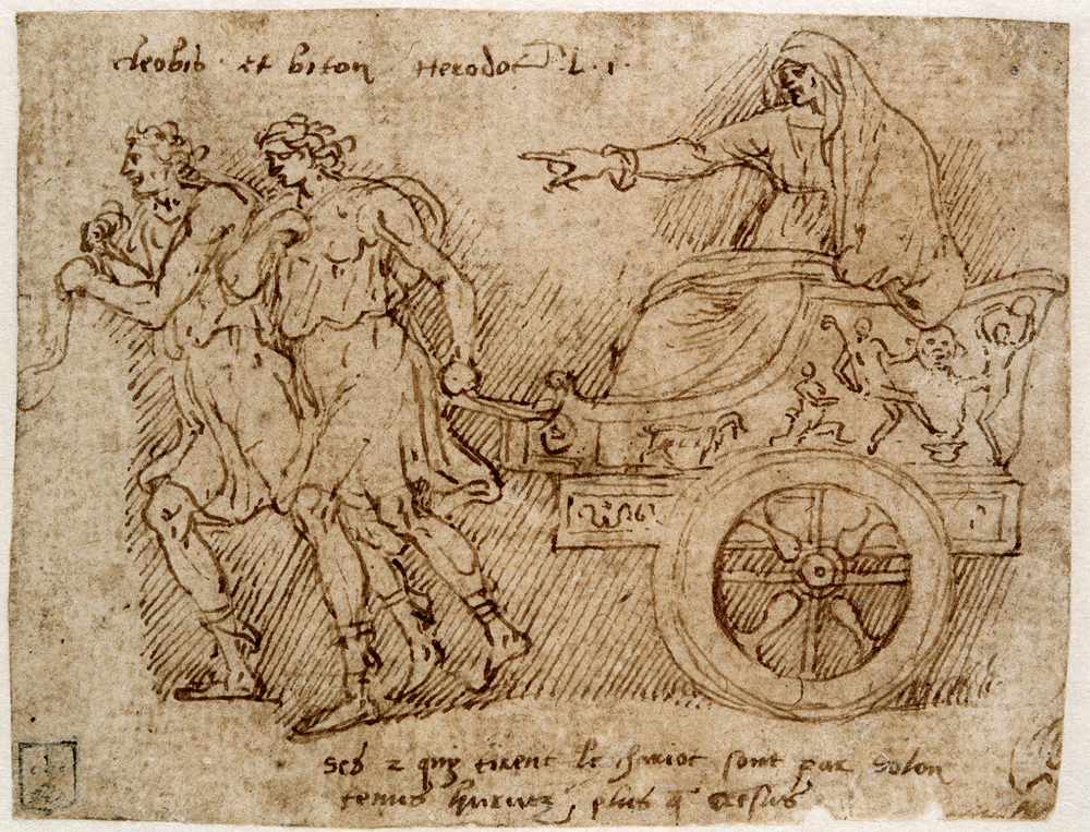 Lambert Lombard, Cléobis et biton tirant le char de leur mère, dessin, 8 x 10,5 cm, Liège, Cabinet des Estampes. © IRPA-KIK, Bruxelles.