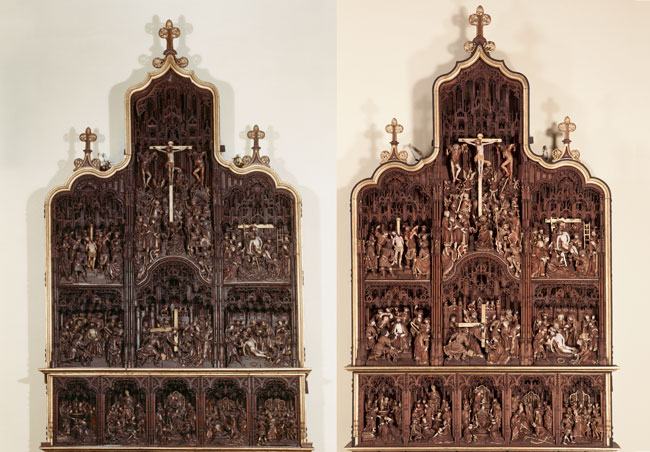 Retable bruxellois, avant et après traitement, 479 x 325 cm, Liège, église Saint-Denis. © IRPA-KIK, Bruxelles. 