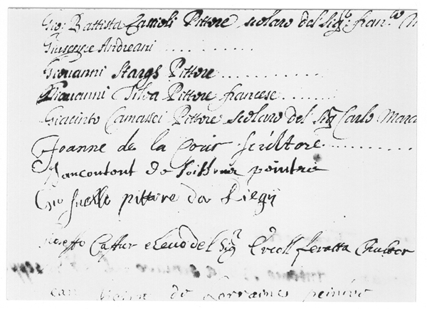 Registre avec l’inscription de Jean Del Cour à une séance d’étude du nu le 1er janvier 1664, Rome, Académie de Saint-Luc. © Académie de Saint-Luc à Rome.