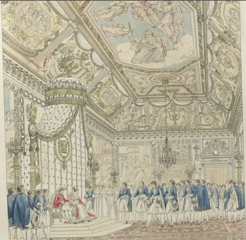 Détail du plafond peint par Bertholet Flémal au palais des Tuileries à Paris apparaissant dans une gravure de Charles Normand tirée d’un recueil de Percier et Fontaine sur les cérémonies qui ont eu lieu pour le mariage de Napoléon avec Marie-Louise en 1810. Cliché D.R.