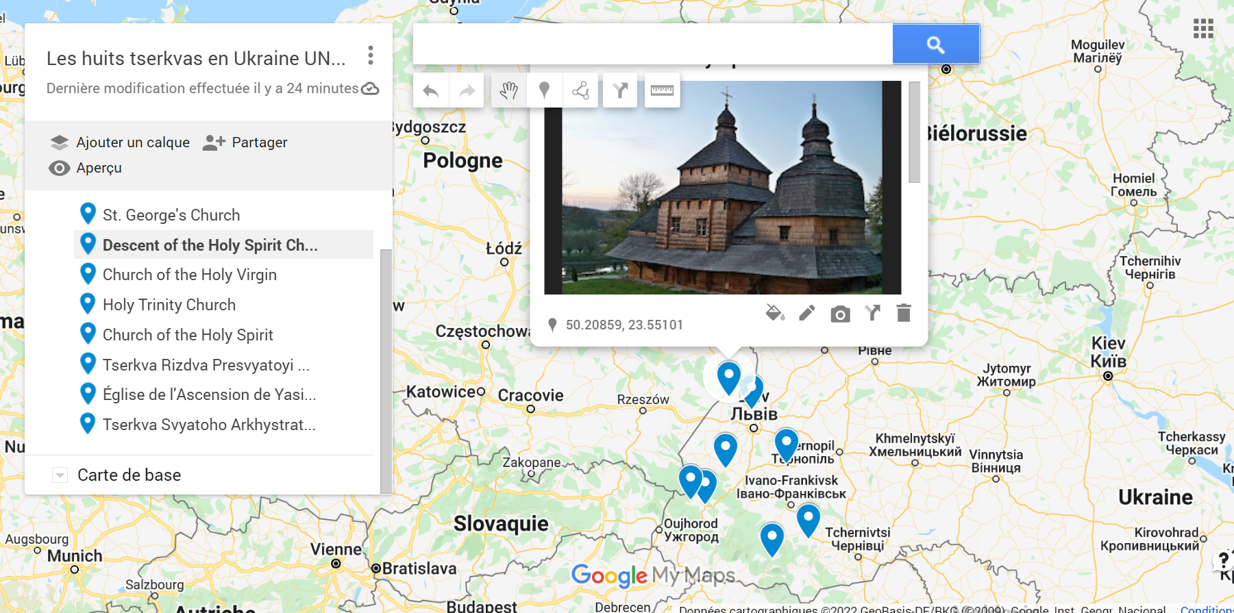 Carte des 8 tserkvas au Patrimoine mondial de l'UNESCO en Ukraine