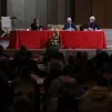 Étienne Pépin anime une table-ronde à Lourdes, lors de l'assemblée générale de la Corref, avec Jean-Marc Sauvé et le père Patrick Goujon - Crédit : Valentine CHAPUIS / AFP