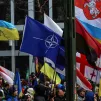 Un drapeau de l'OTAN flotte au milieu de drapeau Ukrainien lors d'une manifestation en Belgique en février 2023. / © Valeria Mongelli  by Hans Lucas.  