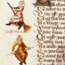 Enluminure représentant le vol d'une sorcière sur un balai, dans Le Champion des dames de Martin Le Franc, 1451.