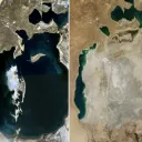 Images satellites de la mer d'Aral en 1989 (à gauche) et en 2014 (à droite).