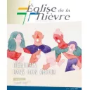 Titre Église de la Nièvre sur fond rose de rubrique Spiritualité avec centré en bas le logo de la revue diocésaine