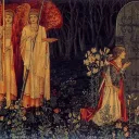 Galahad, Bohort et Perceval découvrant le Graal. Tableau de Sir Edward Burne-Jones, William Morris et John Henry Dearle (1895)