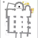 Plan de l'église de Saint-Hymetière avec les fouilles en jaune et le reliquaire © D. Billoin