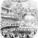 Le théâtre des Bouffes-Parisiens, tel que représenté sur une partition pour piano d'Un mari à la porte, opérette de Jacques Offenbach (1859).
