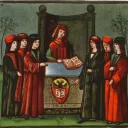 L'entrée d'étudiants dans la section allemande de l'université de Bologne, la Natio Germanica Bononiae, miniature de 1497 ©Wikimédia commons