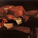 Instruments de musique baroque sur une table par Baschenis (Collection : Musées royaux des beaux-arts de Belgique). © Wikipedia.