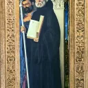 Saint Benoît de Nursie (vue d'artiste) avec Marc l’évangéliste par Giovanni Bellini (1488), basilique I Frari, Venise / Wikimédia commons