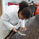 Une restauratrice du laboratoire ARC Nucléart au travail sur la pirogue de Charavines