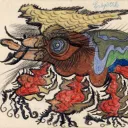 Gaston Dufour (dit Gasduf), Krôqôdîle, vers 1949. Crayon de couleur sur papier ; 17,5 x 22 cm. Collection de la Société française de psychopathologie de l’expression-Art thérapie, section du patrimoine (SFPE), Paris, en dépôt au LaM, Villeneuve d’Ascq. © DR. Photo : SFPE