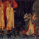 Galahad, Bohort et Perceval découvrant le Graal. Tableau de Sir Edward Burne-Jones, William Morris et John Henry Dearle (1895)