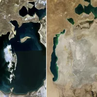 Images satellites de la mer d'Aral en 1989 (à gauche) et en 2014 (à droite).
