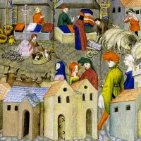 Wikimedia commons - Scène de foire, Miniature tirée d'un manuscrit du Chevalier errant de Thomas III de Saluces, atelier du Maître de la Cité des dames, vers 1400-1405.