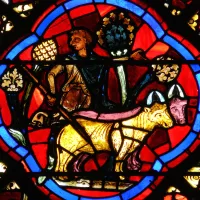 Vitrail de l'Enfant Prodigue de la cathédrale de Bourges (détail).