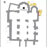 Plan de l'église de Saint-Hymetière avec les fouilles en jaune et le reliquaire © D. Billoin