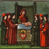 L'entrée d'étudiants dans la section allemande de l'université de Bologne, la Natio Germanica Bononiae, miniature de 1497 ©Wikimédia commons