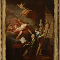 Détail : Joseph Dreppe, Apothéose de Grétry, bois, 52 x 41 cm, Liège, Musée Grétry, dépôt de la Fondation Roi Baudouin. Cliché FRB.