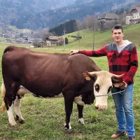 Baptiste Prudhomme, 19 ans, va vivre son tout premier salon, avec sa vache Abondance de 3 ans ©Victorien Duchet/RCF Haute-Savoie 