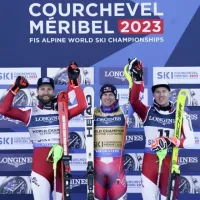 De gauche à droite : Marco Schwarz, Alexis Pinturault et Raphaël Haaser. ©Agence Zoom / Courchevel Méribel 2023