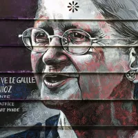 Œuvre d'Ernesto Novo représentant Geneviève de Gaulle-Anthonioz sur le rideau de fer d'une papeterie, Paris©Wikimédia commons