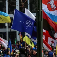 Un drapeau de l'OTAN flotte au milieu de drapeau Ukrainien lors d'une manifestation en Belgique en février 2023. / © Valeria Mongelli  by Hans Lucas.  