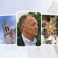 Jean-Michel Aulas : CC BY-SA 3.0 via Wikimedia Commons / Basilique de Fourvière (à gauche) et bénédiction de la ville de Lyon par Mgr de Germay lors du vœu des Échevins 2022 : © RCF Lyon