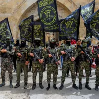 Des partisans du Hamas et du Jihad islamique participent a un rassemblement dans la bande de Gaza en avril 2022 / Photographie Abed Rahim Mohammed / Hans Lucas.