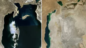 Images satellites de la mer d'Aral en 1989 (à gauche) et en 2014 (à droite).