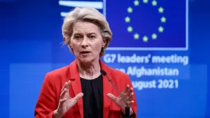 La présidente de la Commission européenne Ursula von der Leyen au G7 sur l'Afghanistan, le 24/08/2021 © Kenzo TRIBOUILLARD / AFP