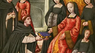 Anne de Bretagne recevant d'Antoine Dufour un manuscrit à l'éloge des femmes célèbres. Miniature attribuée à Jean Perréal, vers 1508 ©Wikimédia commons