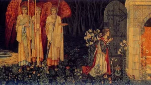 Galahad, Bohort et Perceval découvrant le Graal. Tableau de Sir Edward Burne-Jones, William Morris et John Henry Dearle (1895)