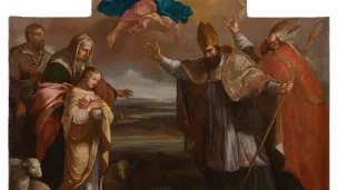 Saint Germain d'Auxerre rencontrant sainte Geneviève enfant, attribué à François Mongendre, conservé en l'église Saint-Germain de Louvigny © Abbaye Royale de l'Épau