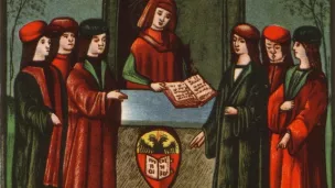 L'entrée d'étudiants dans la section allemande de l'université de Bologne, la Natio Germanica Bononiae, miniature de 1497 ©Wikimédia commons