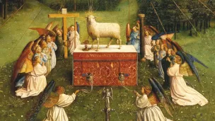 L’Adoration de l’Agneau mystique (détail), Van Eyck, 1432, Gand, cathédrale Saint-Bavon.