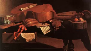 Instruments de musique baroque sur une table par Baschenis (Collection : Musées royaux des beaux-arts de Belgique). © Wikipedia.