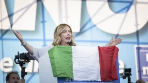 Giorgia Meloni, leader du parti Freres d Italie (Fratelli d Italia) intervient a un meeting politique a Rome. Rome, 19 Novembre 2019. Photographie de Jacopo Landi / Hans Lucas.