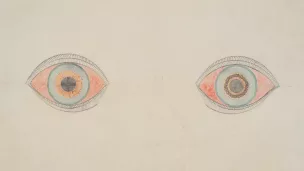 August Natterer, Meine Augen zur Zeit der Erscheinungen (Mes yeux au moment des  apparitions), avant 1921. Crayon et encres sur papier ; 16,4 x 20,8 cm. Heidelberg, Collection  Prinzhorn. N° inv. 166. © DR. Photo  © Prinzhorn Collection, University Hospital Heidelberg